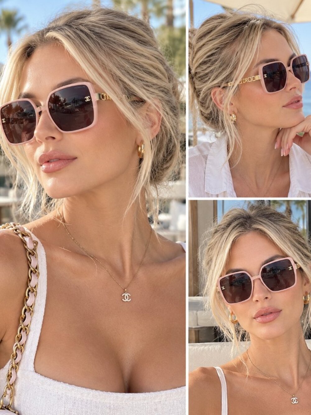 NWT CHANEL Pink Square Sunglasses with Gold Leather Chain Temples